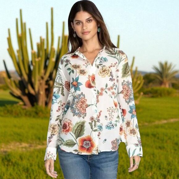 Johnny Was Size Small Ardell Long Sleeve Button Up Shirt Gauzy Oversized Floral - Picture 1 of 15